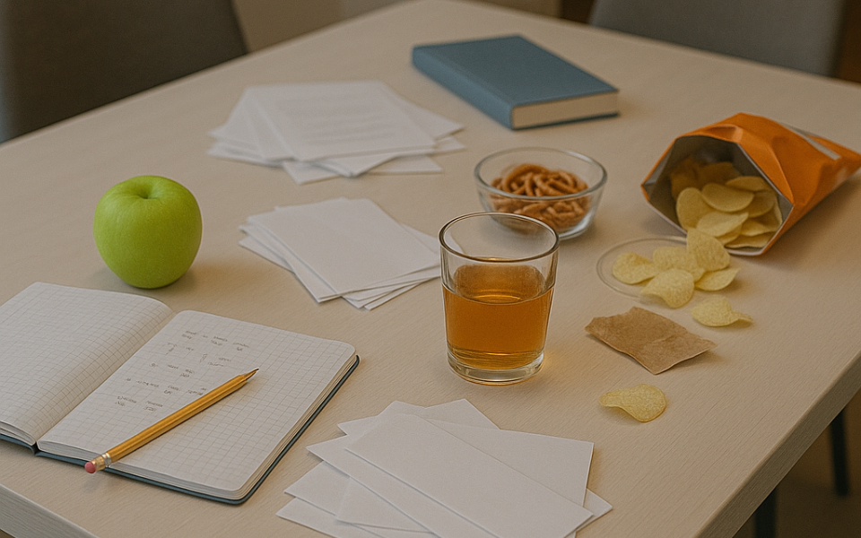 Everyday clutter on a family dining table during the evening.
