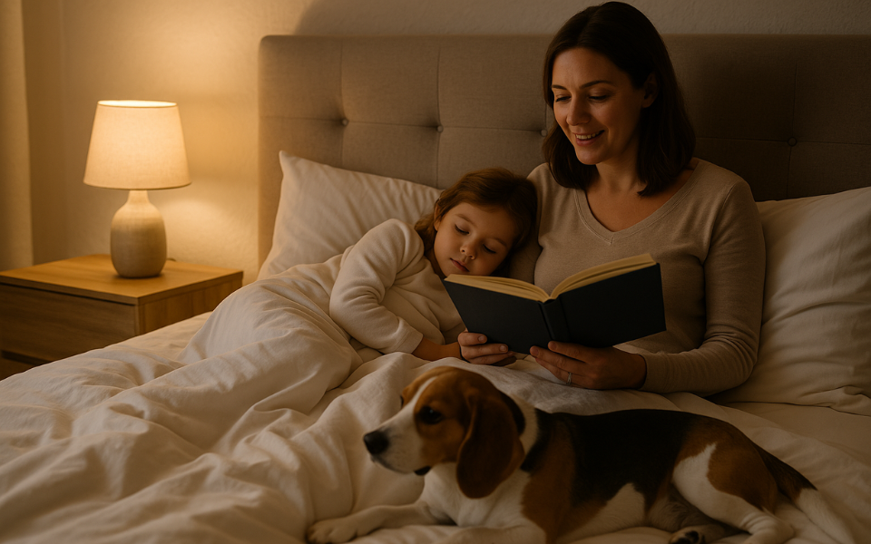Cozy bedtime story scene in a family bedroom.