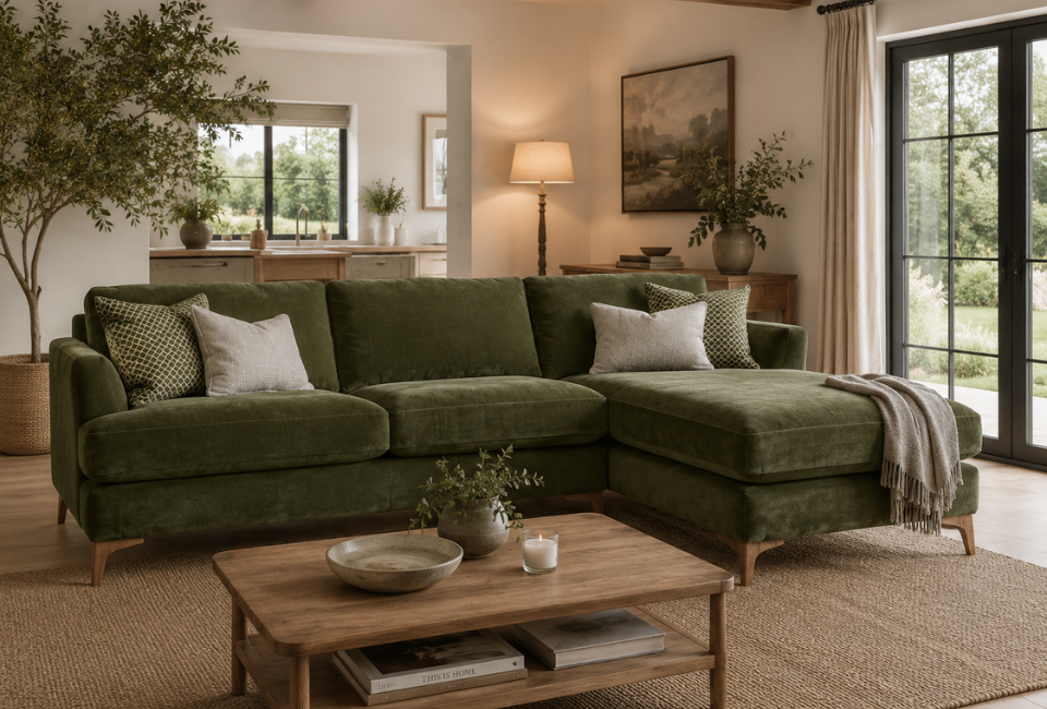Create the ultimate cosy retreat with chunky knit throws, luxurious velvet cushions and soft, ambient lighting. Add metallic accents, scented candles and natural touches such as pinecones or evergreen foliage to bring warmth and seasonal charm to your living room.
