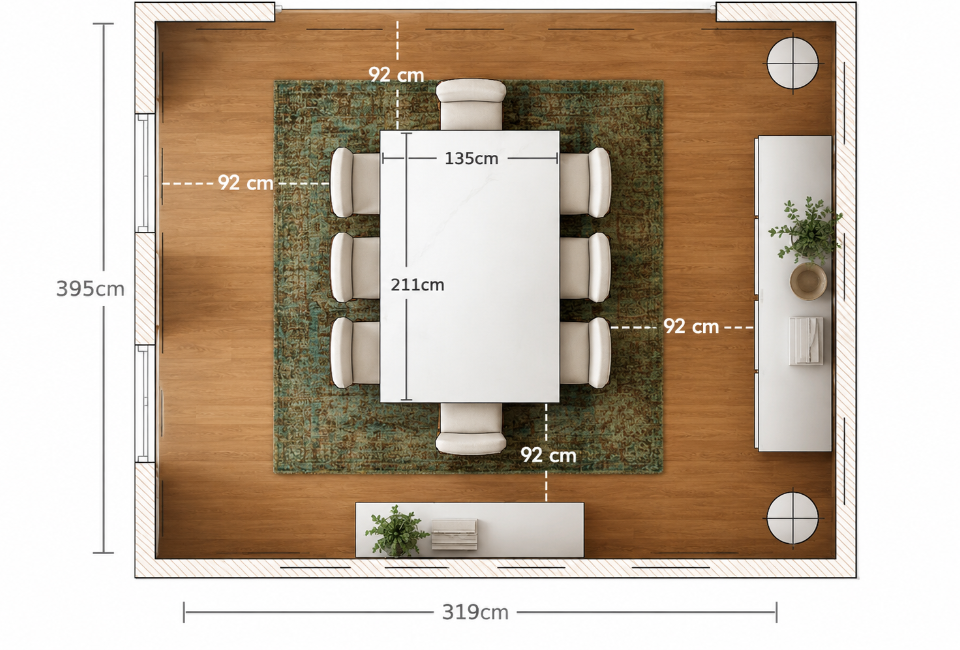 Before choosing your dining table, it's important to consider the space available, not just for the table itself but also for moving comfortably around it.

As a general guide, aim to leave at least 90cm of clearance around your dining table to allow room for chairs and movement. If space allows, a little extra clearance can make your dining area feel even more comfortable.

Top Tip: Always measure your space with the table fully extended, ensuring there's enough room to accommodate additional guests without making the room feel overcrowded.
