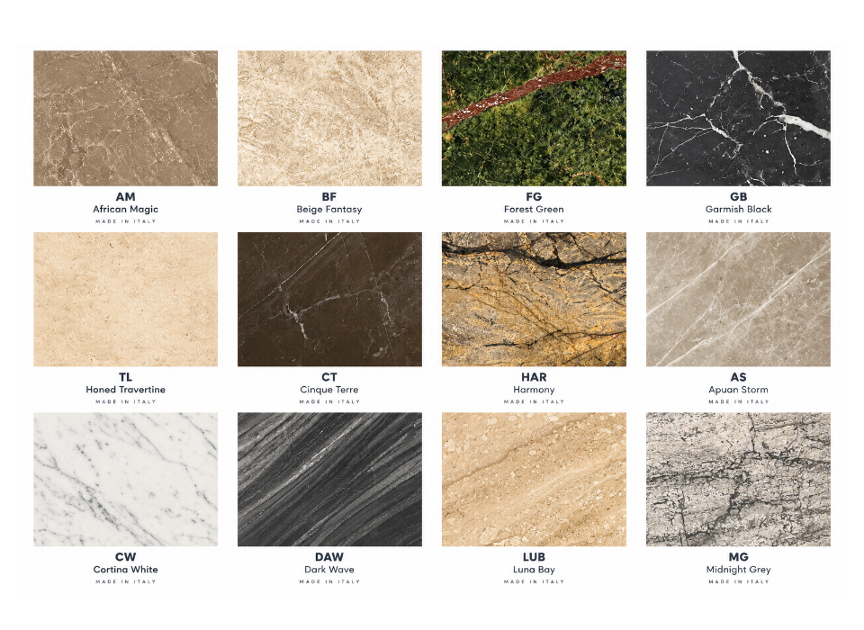 Step 2 – Select Your Marble Finish
Explore 12 luxurious natural marble finishes, each showcasing beautiful colours, distinctive veining and unique character. From elegant light tones to dramatic darker marbles, find the perfect finish to reflect your individual style.