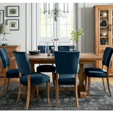Cookes Collection Nantes Oak Dining Table and 6 Blue Velvet Chairs