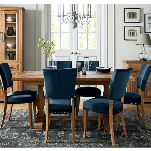 Cookes Collection Nantes Oak Dining Table and Blue Velvet Chairs 1